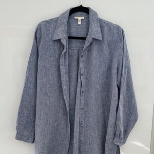 Eileen Fisher Organic Linen Blue Button Down Shirt